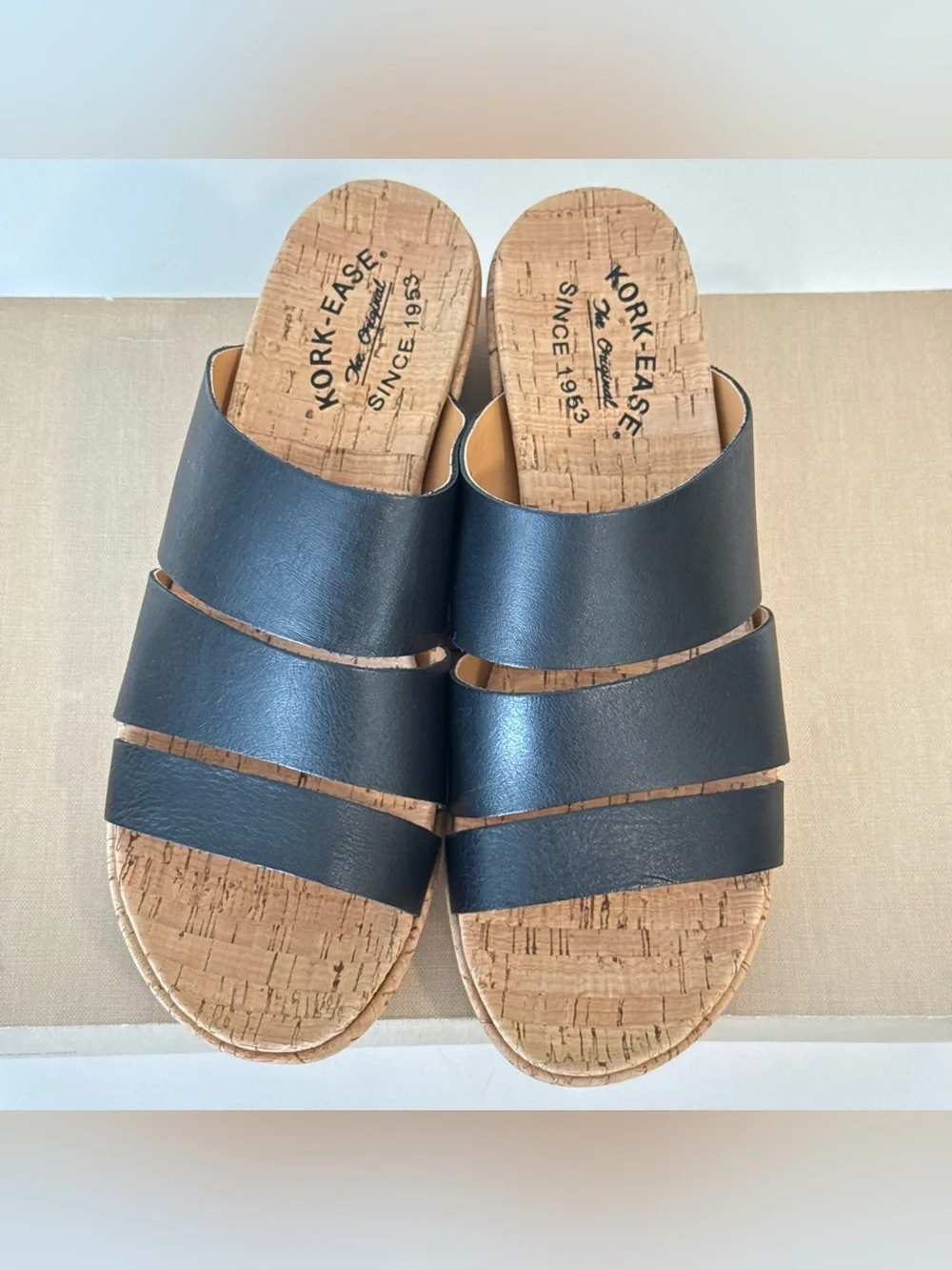 Kork-Ease Menzie Black Leather Cork Wedge Slide Sandals Womens Size 8 Comfort